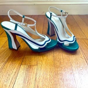 Prada vintage inspired green & white color block heeled sandals.